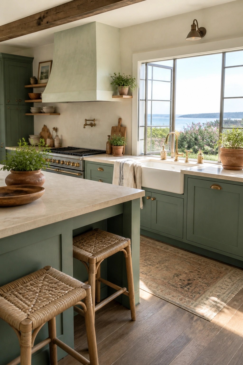 A kitchen with muted sage green cabinets and matching range hood beside a farmhouse sink.