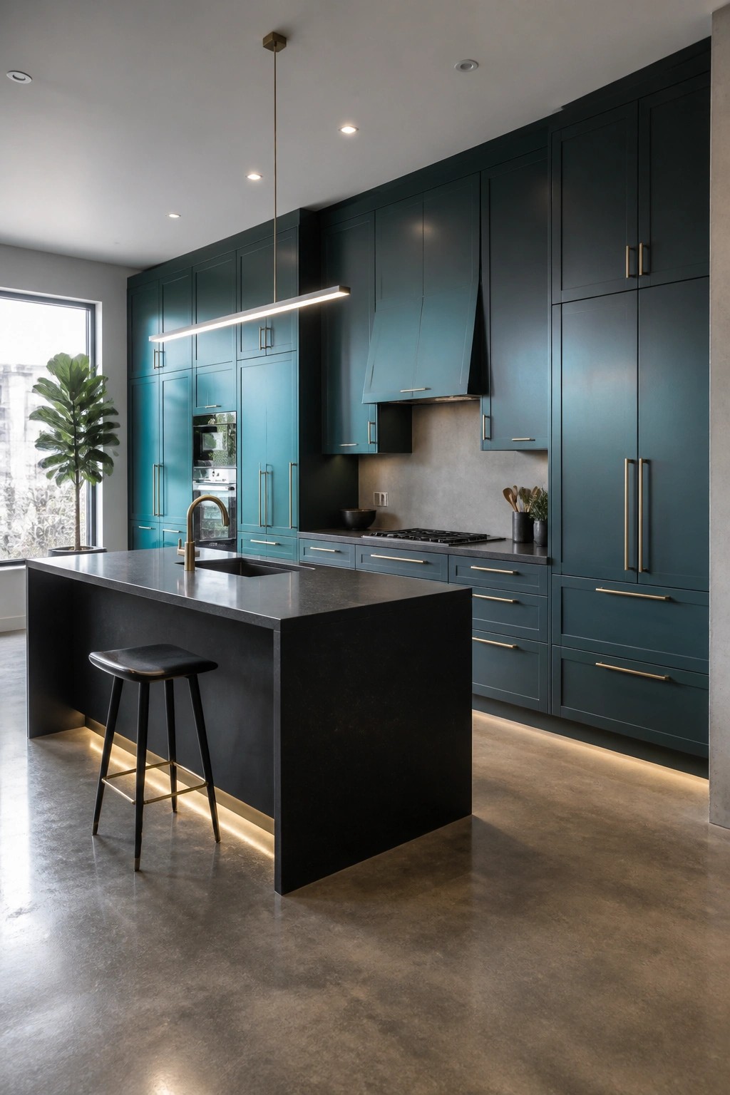 Teal green kitchen cabinets paired with a dark island and brass hardware.