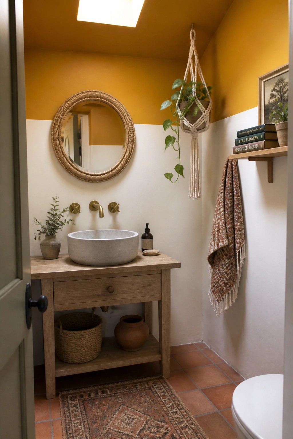 Boho bathroom with yellow walls, rattan mirror, concrete sink on wooden vanity, hanging plant.