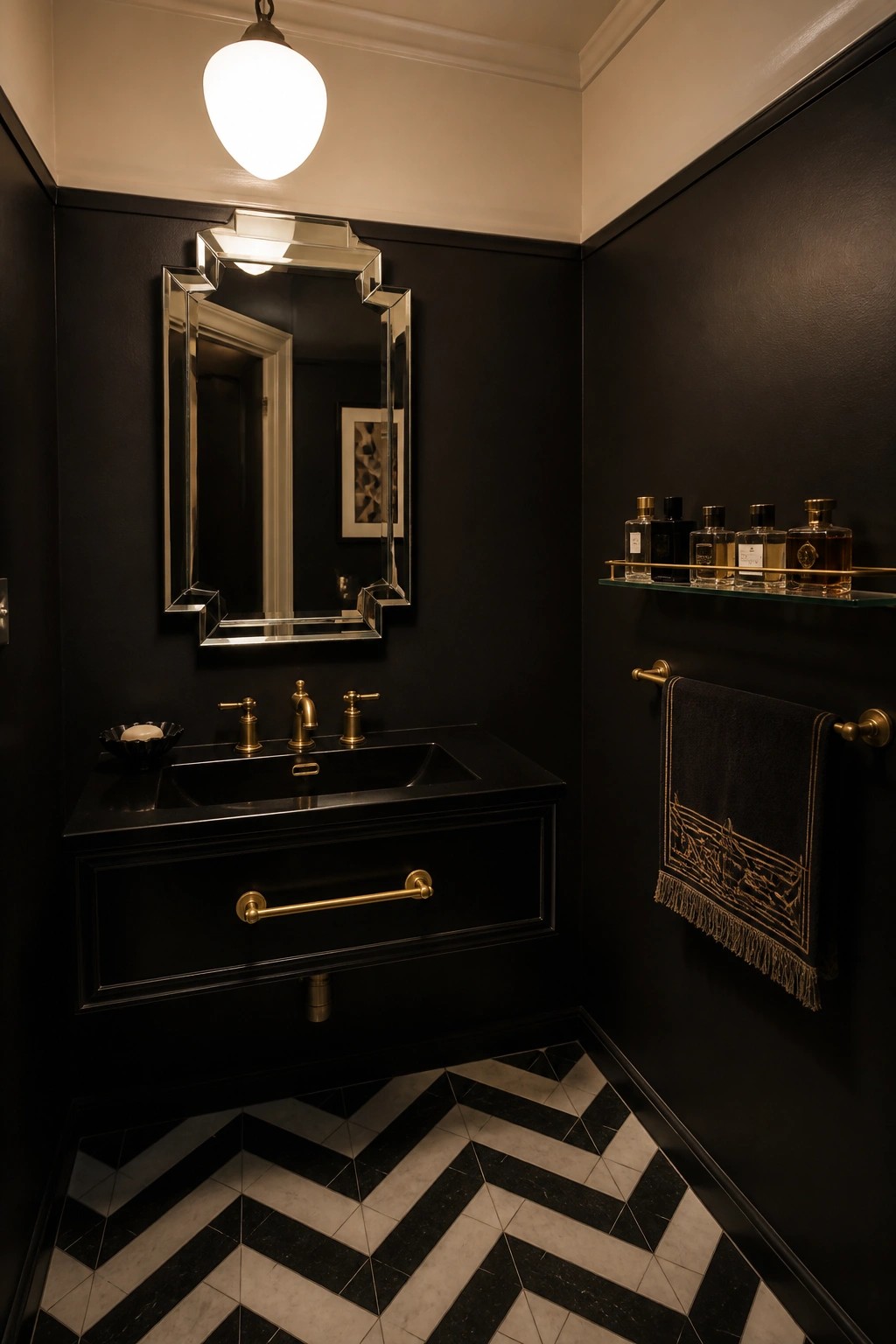 A small powder room with deep black walls, black vanity, brass fixtures, and a black and white chevron tile floor.
