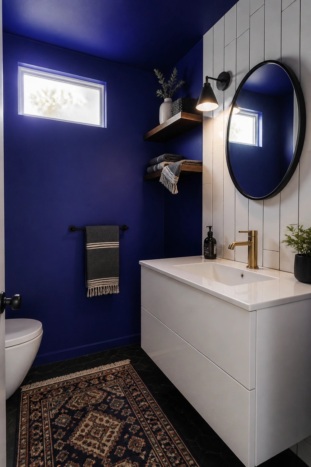 Deep navy blue walls cover a small powder room with a white floating vanity and round black mirror.
