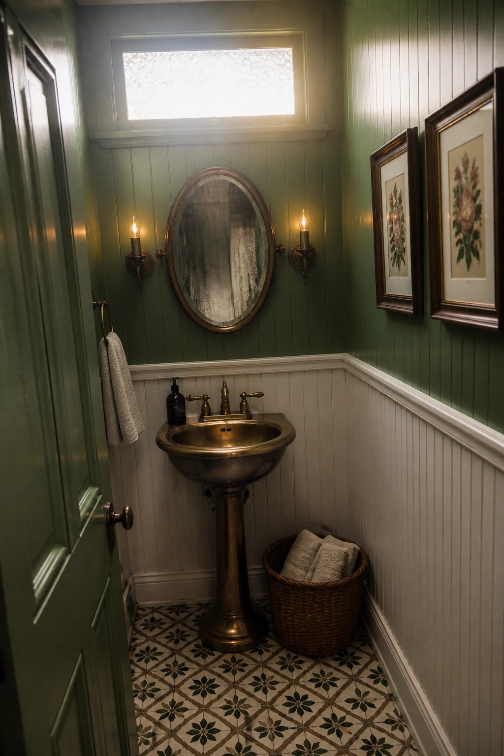 Deep green paint on the upper walls of a small powder room above white wainscoting.