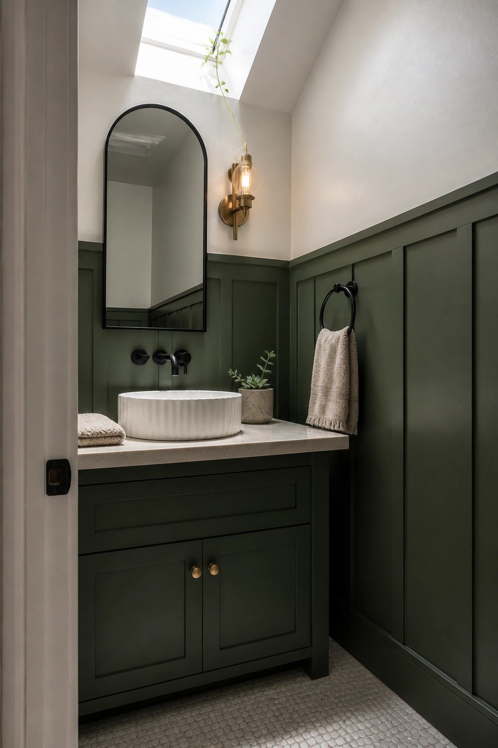 Modern bathroom with dark green wainscoting, white vessel sink, arched mirror, and brass sconce.