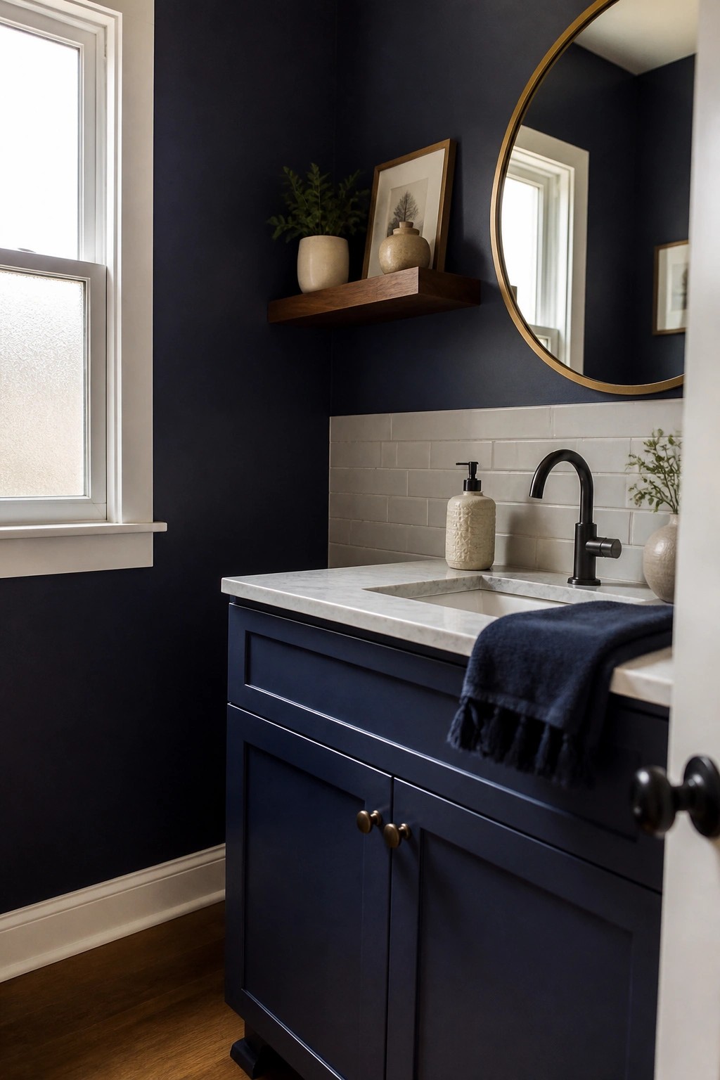 Navy blue vanity with marble countertop, black faucet, round mirror, and wooden shelf.