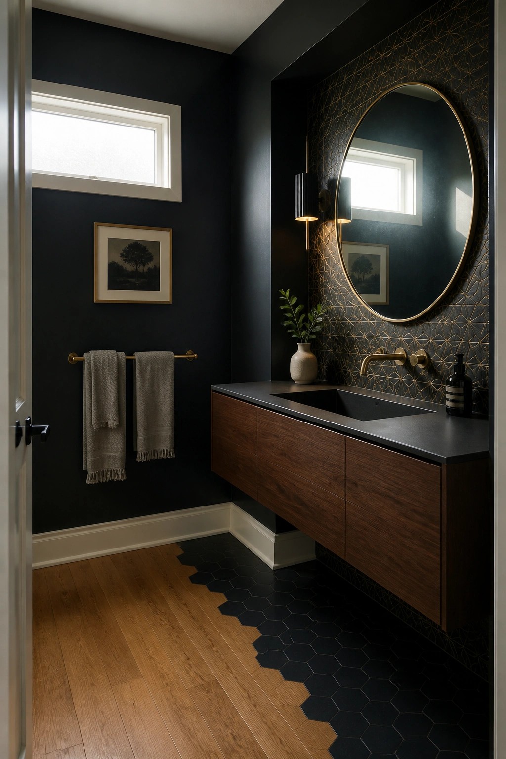 Small powder room with deep navy walls, wood vanity, and round mirror.