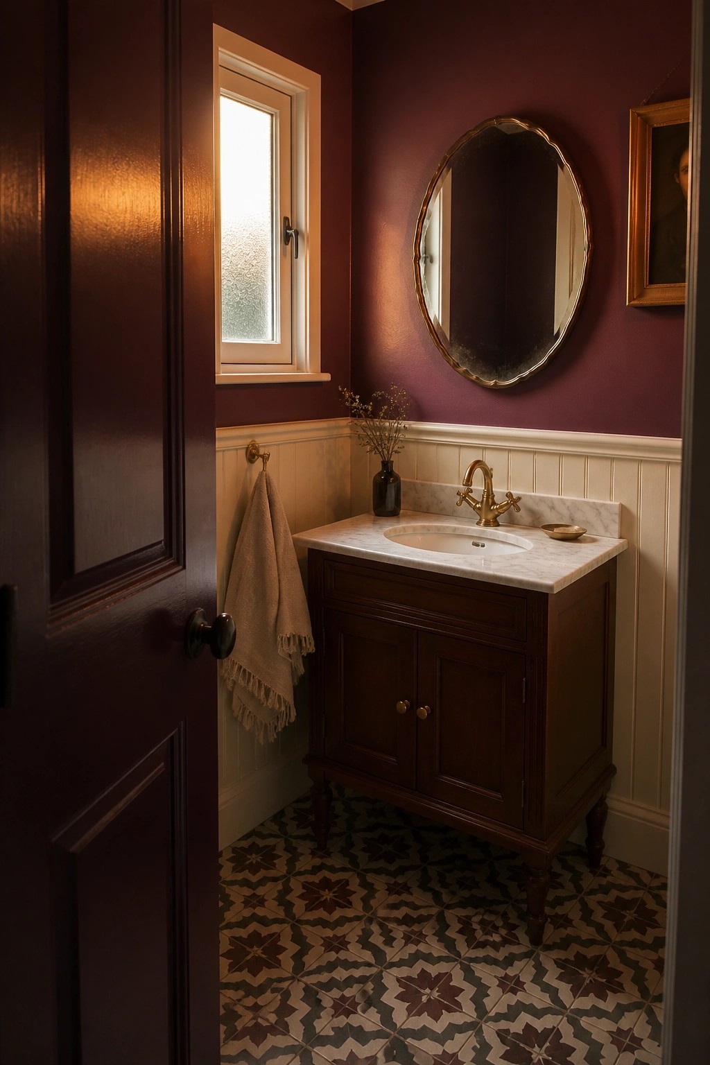 Deep red walls above white wainscoting in a compact powder room with a dark wood vanity.