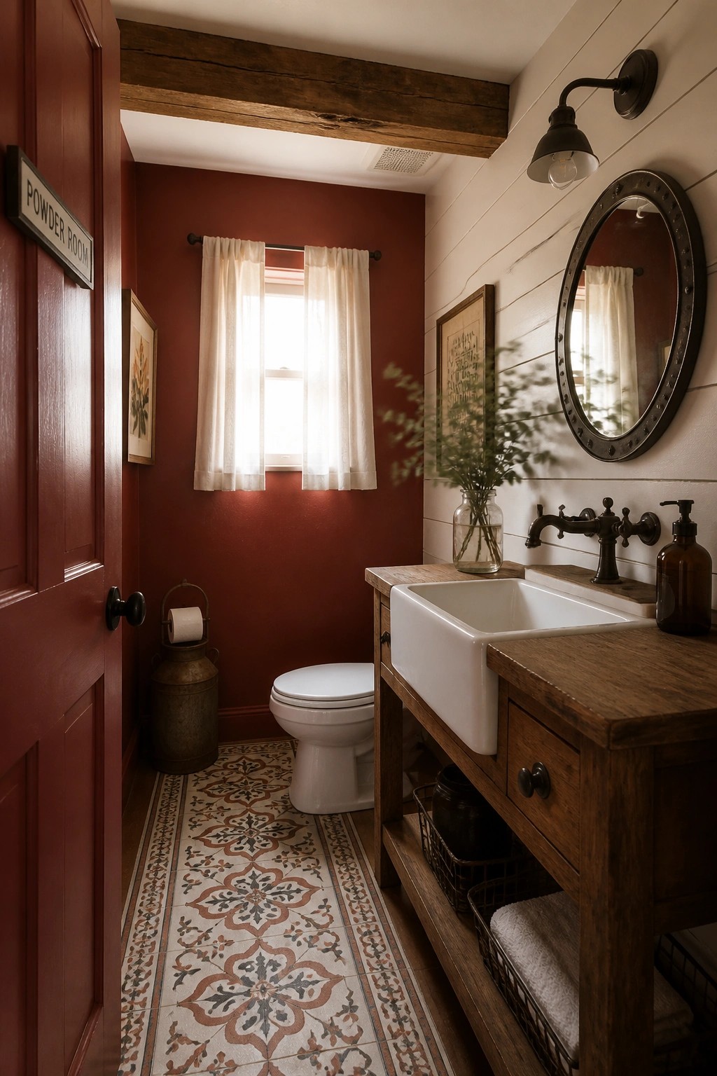 Deep red painted walls in a small powder room with a wood vanity and white shiplap accent wall.