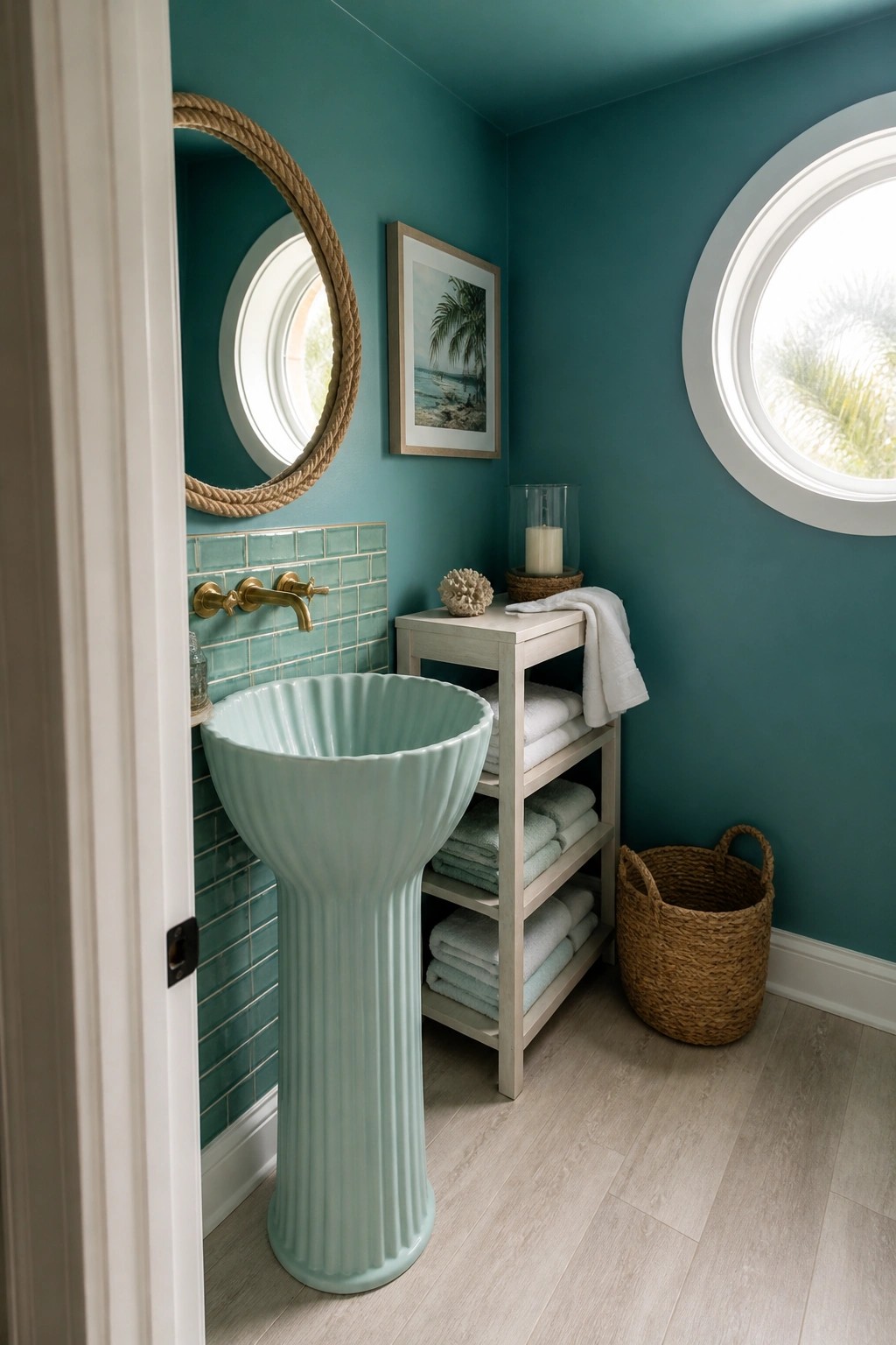 Teal bathroom with mint green fluted pedestal sink, rope-framed mirror, and towel shelf.