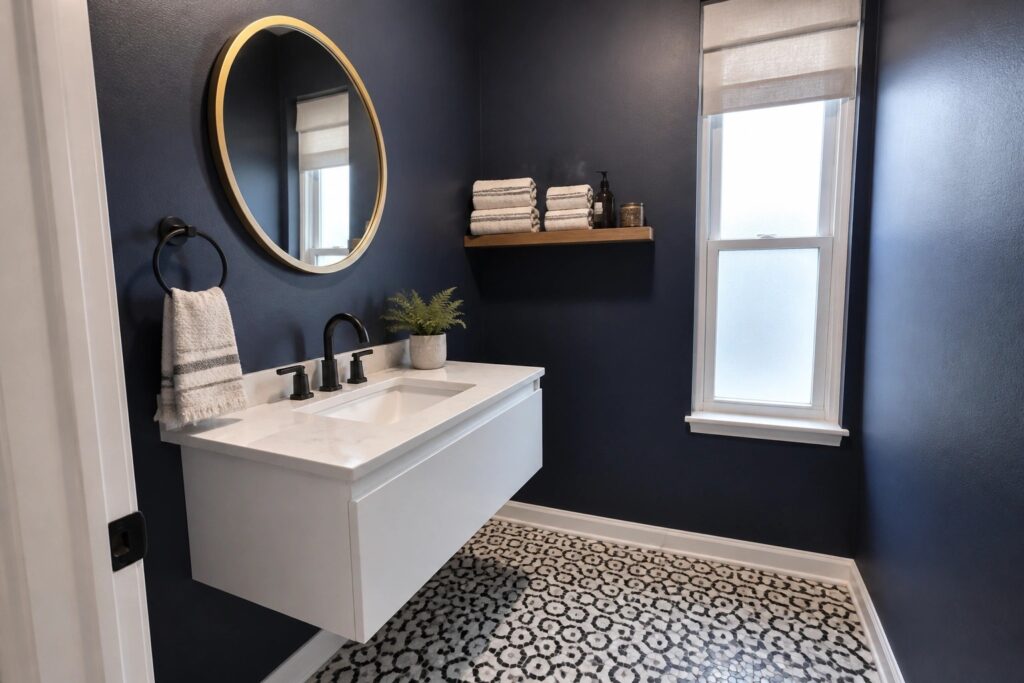 Modern bathroom with navy walls, white floating vanity, round gold mirror, and black fixtures.