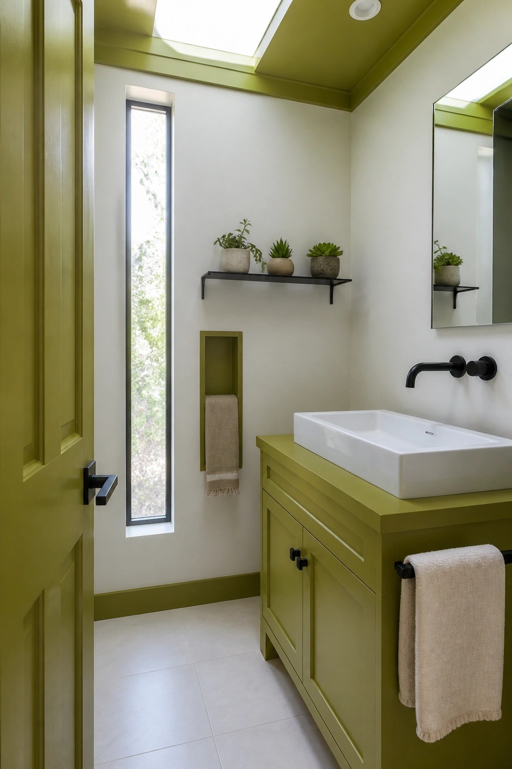 Modern lime-green bathroom with white vessel sink, black fixtures, floating shelf and skylight.