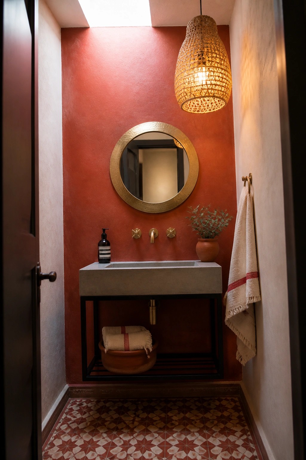 Terracotta red walls in a compact powder room with a concrete sink and brass fixtures.