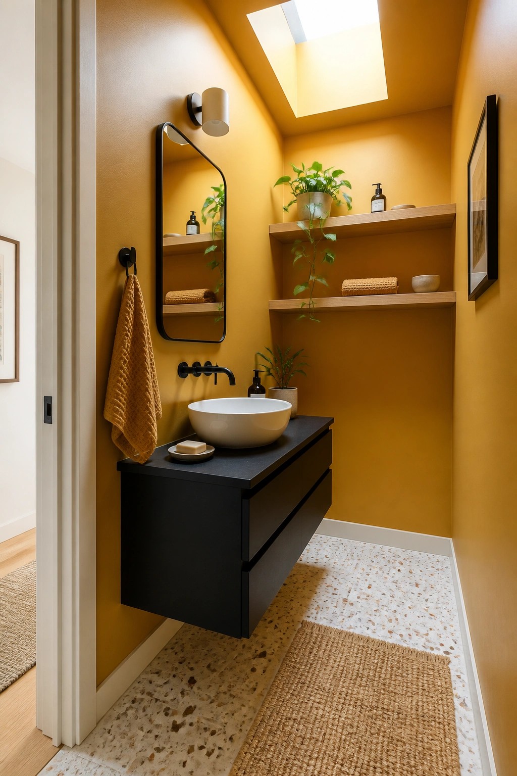 A compact powder room painted in warm mustard yellow with a black floating vanity and wood shelves.