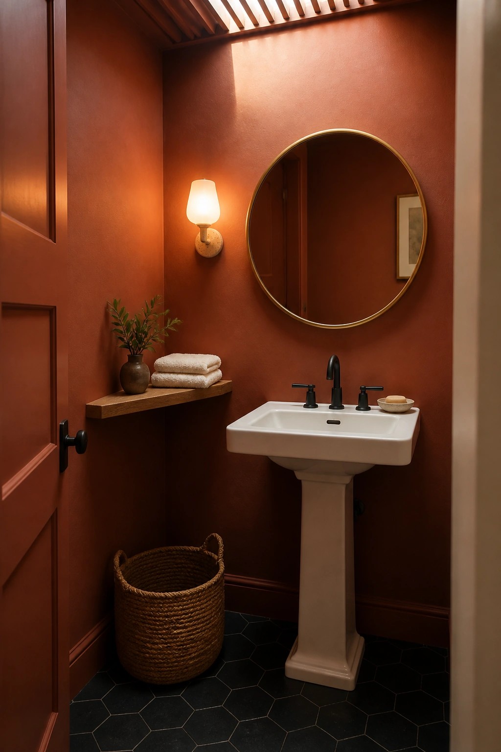 A small powder room with warm terracotta walls, a white pedestal sink, and black hexagonal floor tiles.