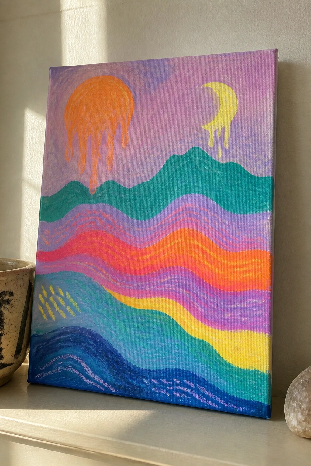Vibrant canvas painting of dripping sun and moon above rainbow wavy hills