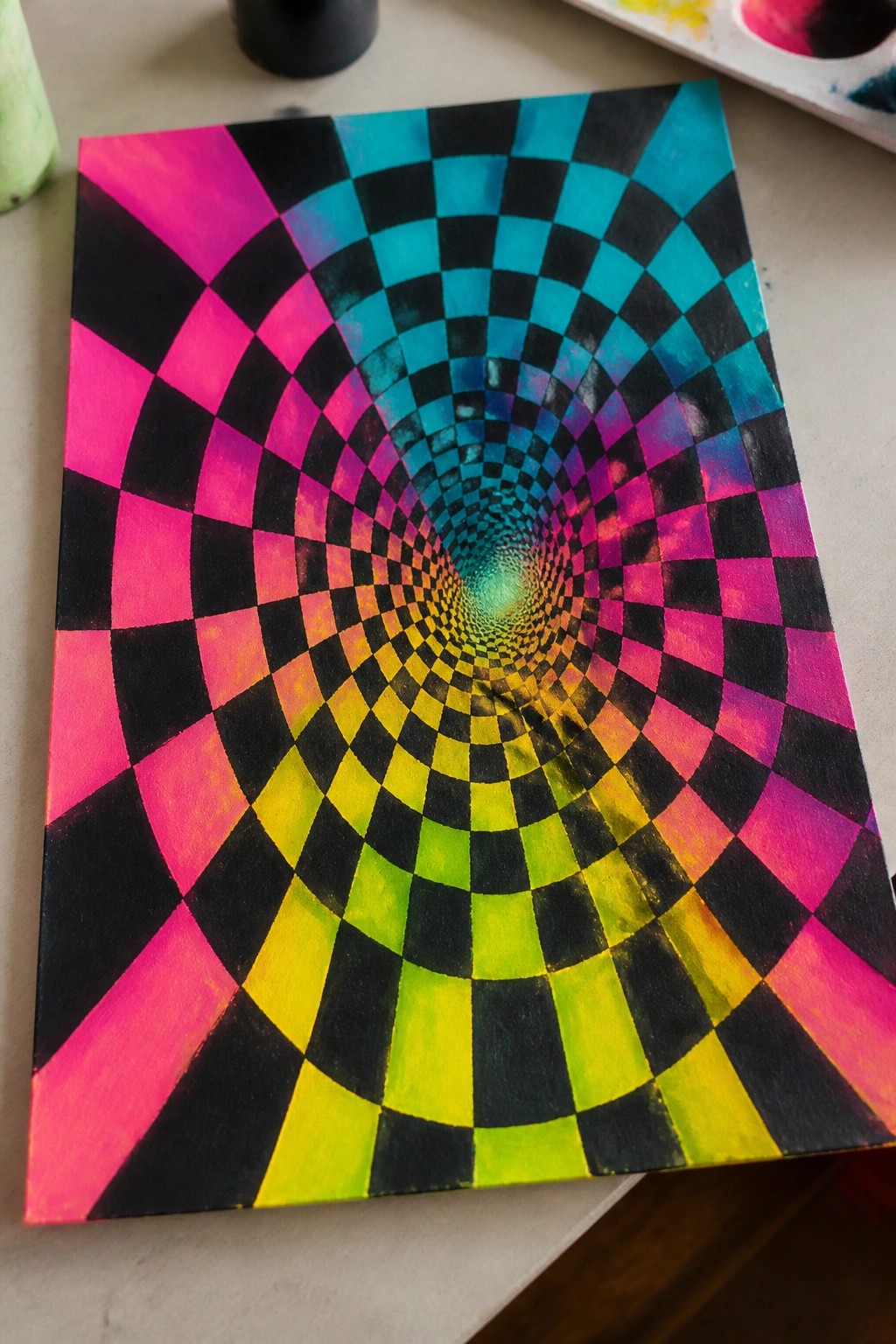 Neon checkerboard spiral vortex painting in pink blue yellow green black hues