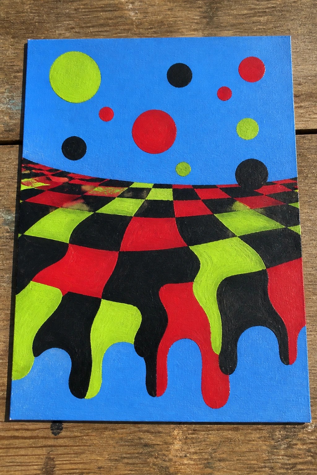 Abstract painting with blue background, floating colorful circles, and dripping neon checkerboard.