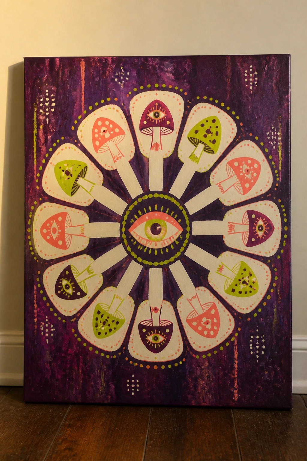 Psychedelic mandala painting with colorful mushrooms and eyes around a central eye on purple.