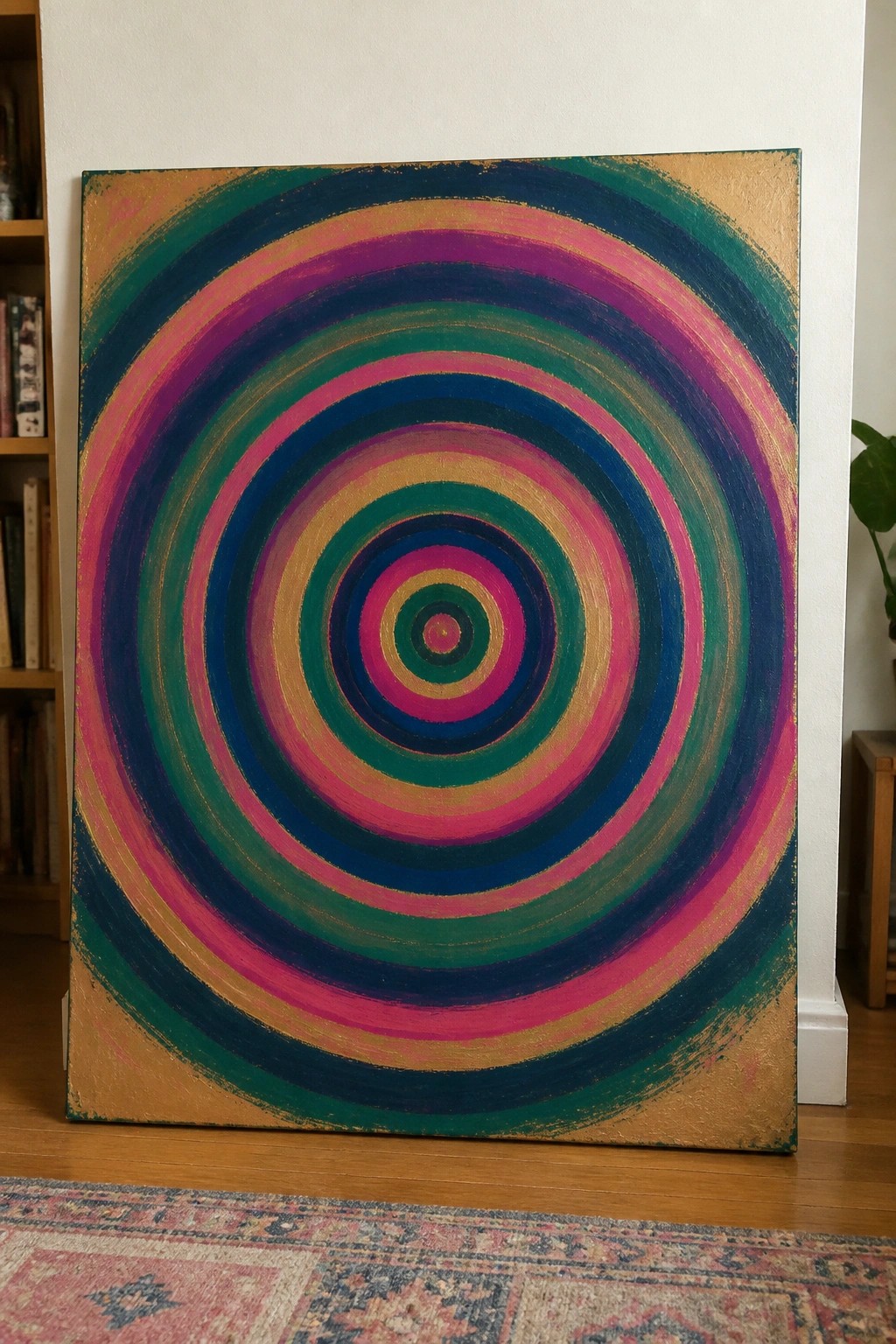 Vibrant concentric circle painting with pink, blue, green, and gold rings on floor