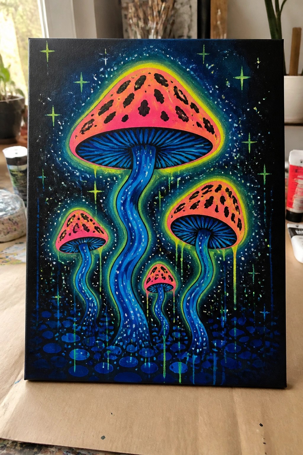 Psychedelic neon mushrooms with orange caps and blue stems glowing in starry black space