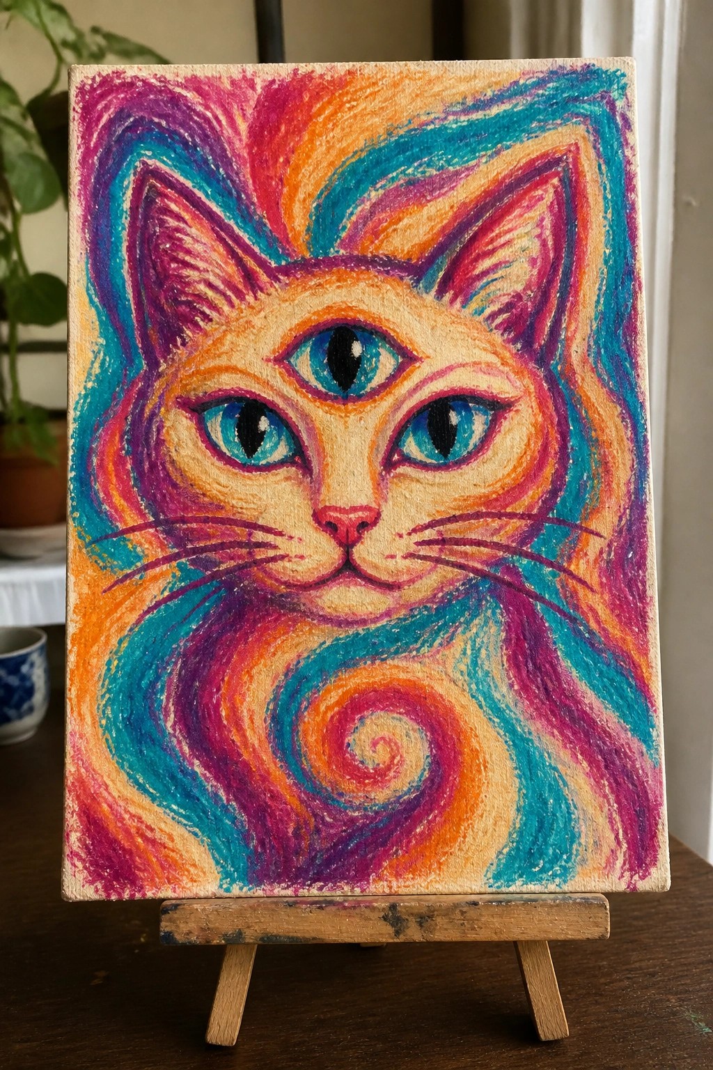 Psychedelic three-eyed cat painting with swirling orange pink purple and blue patterns on easel