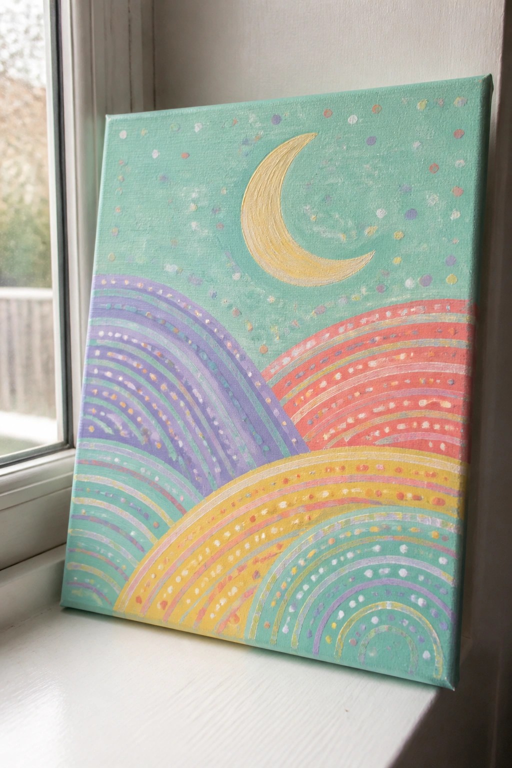 Vibrant teal canvas with golden crescent moon above colorful dotted rainbow waves
