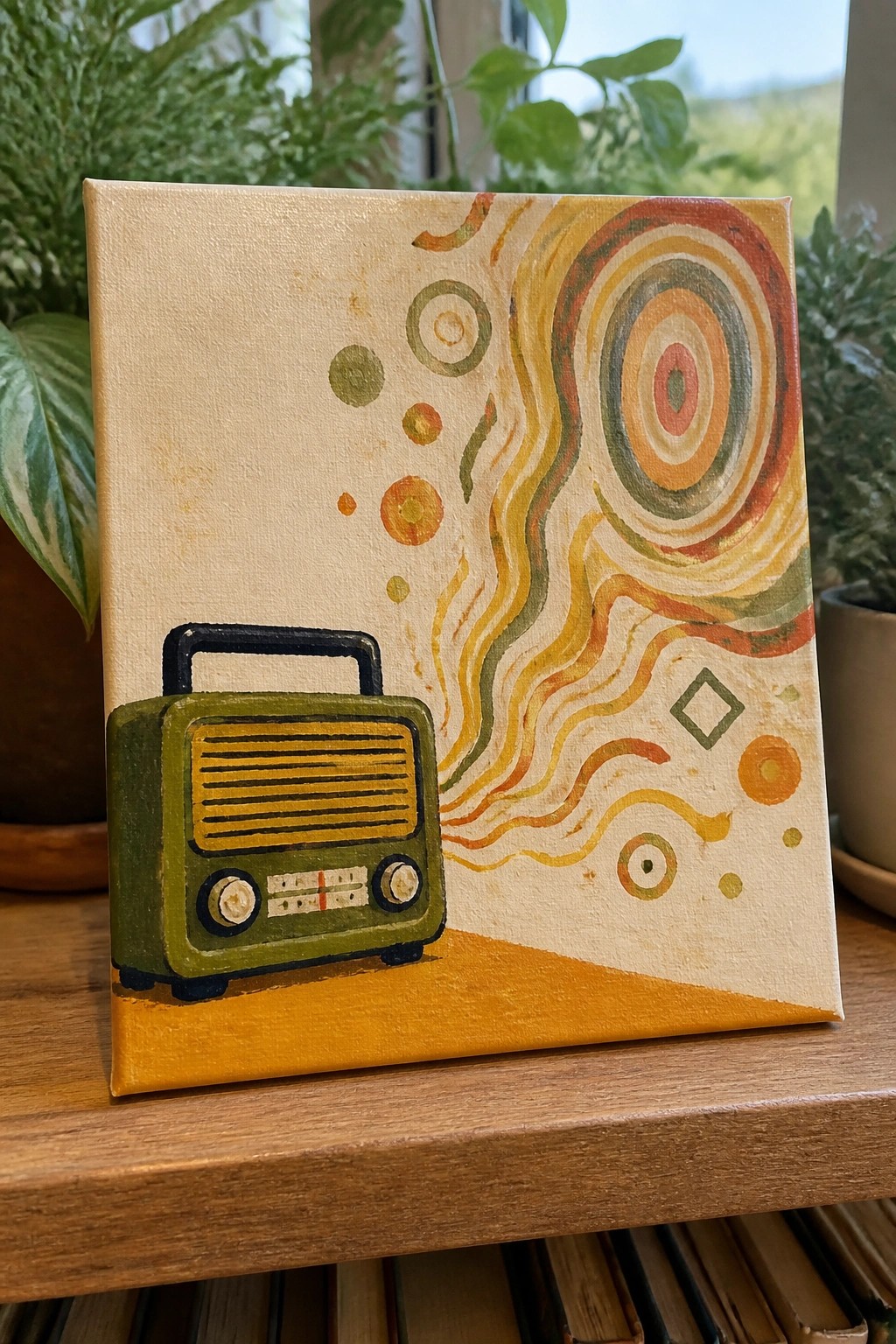 Green vintage radio on canvas with colorful abstract swirls and circles