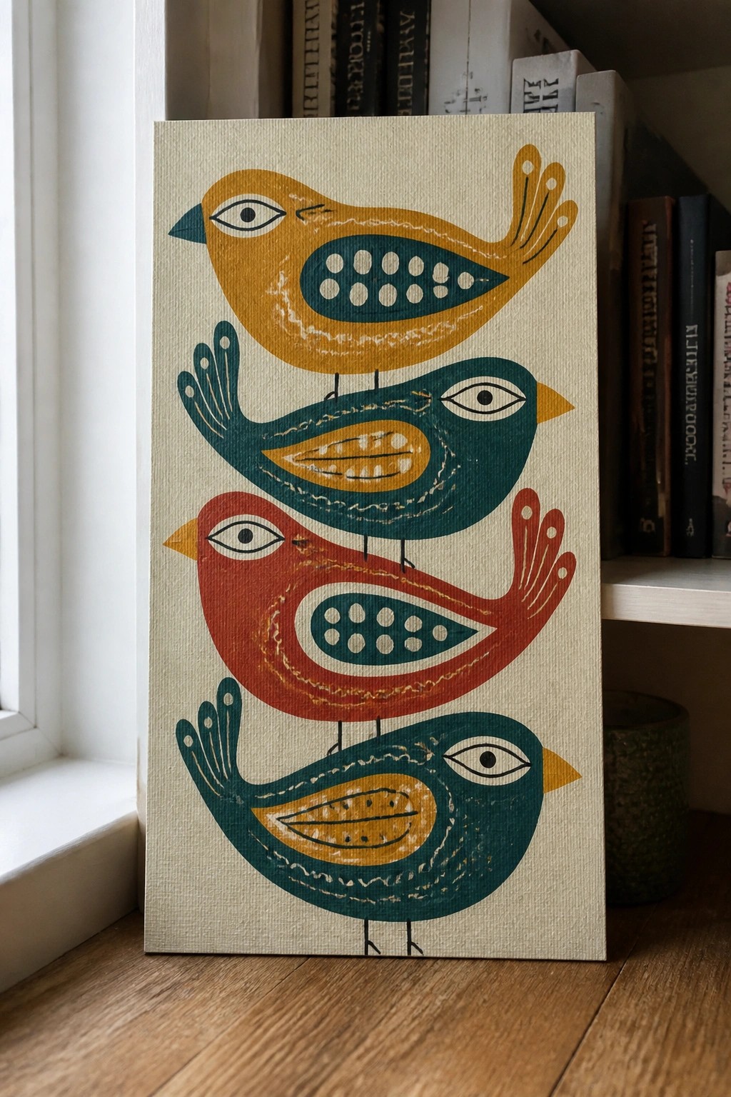 Four stacked stylized birds in yellow, teal, red on canvas by bookshelf