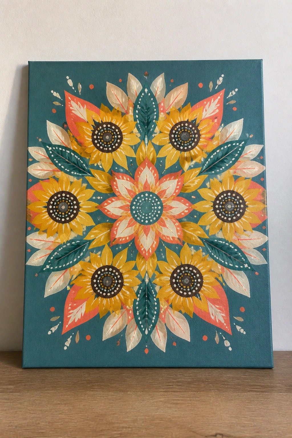 Vibrant sunflower mandala painting with yellow, orange, and teal leaves on canvas.