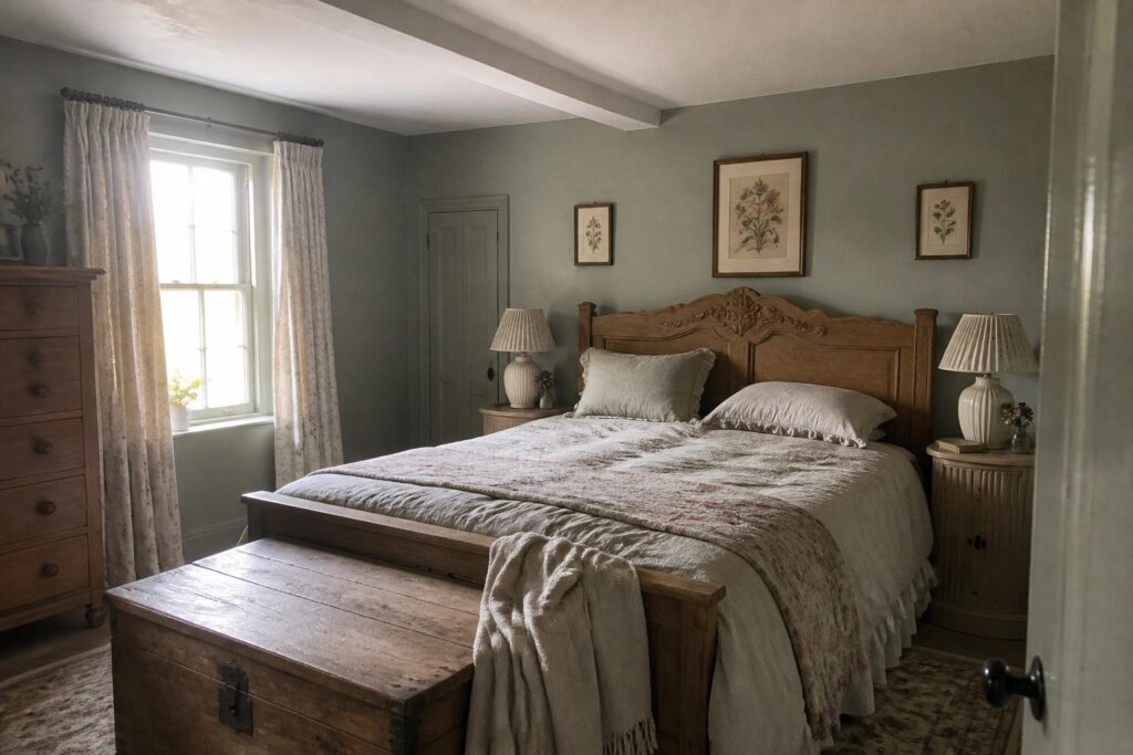 A bedroom with soft sage green walls and warm wood furniture.