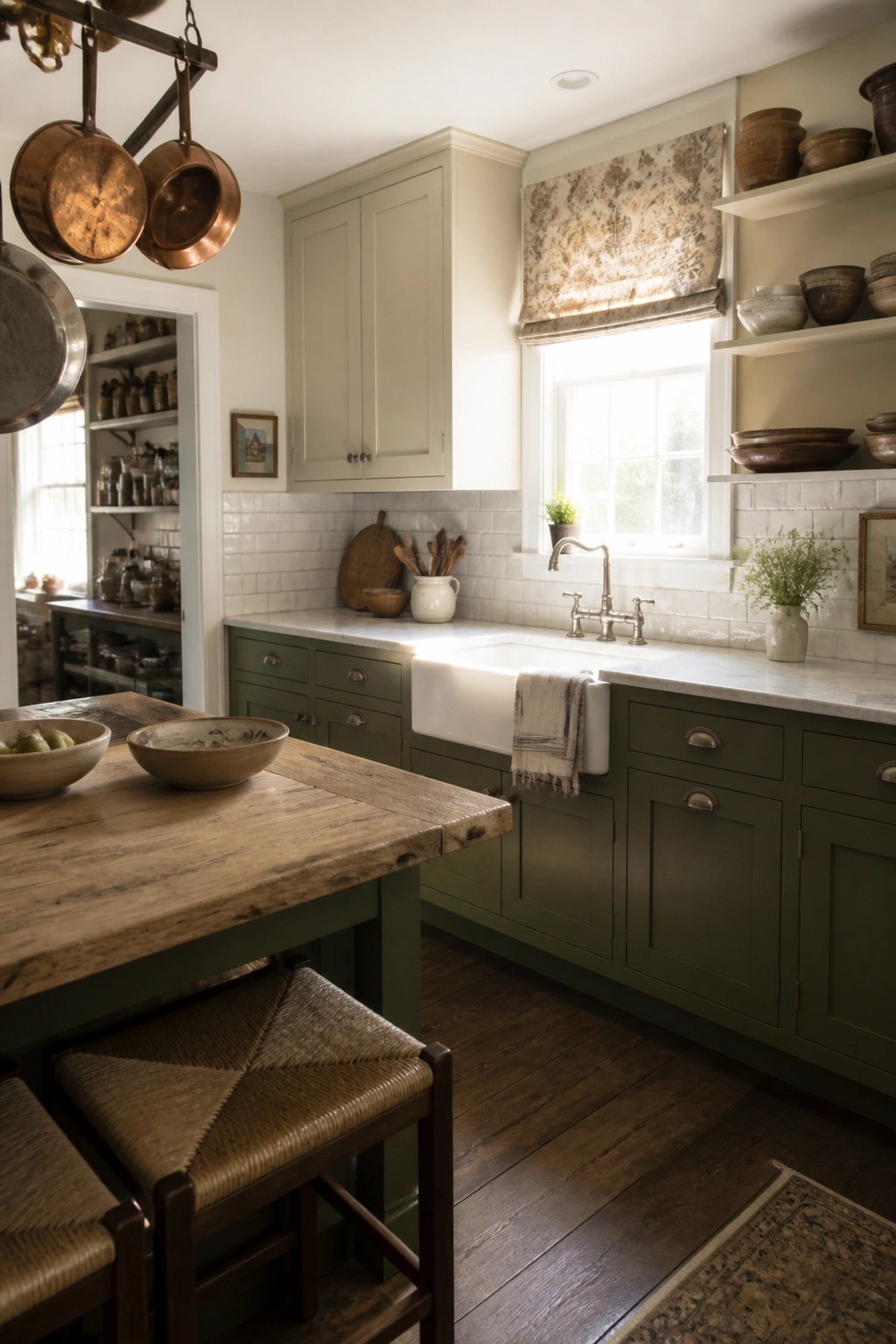 A kitchen with muted green cabinets, white marble counters, and a farmhouse sink.