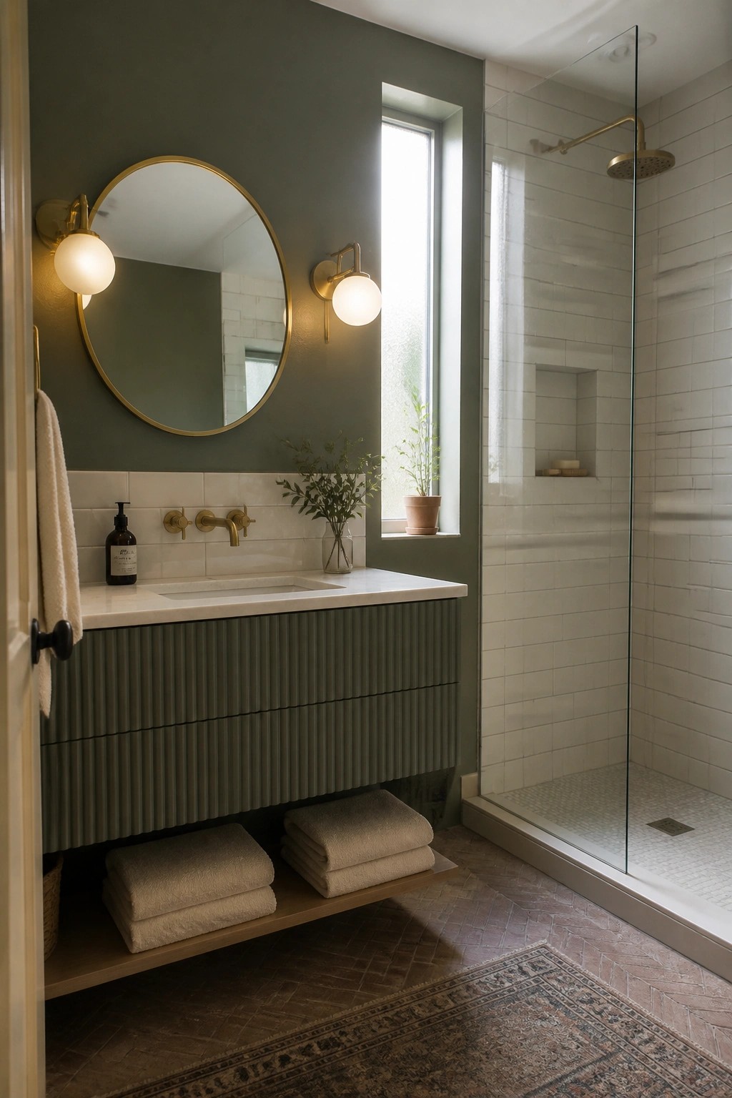 Modern bathroom with sage green walls, round gold mirror, marble vanity, and tiled shower.