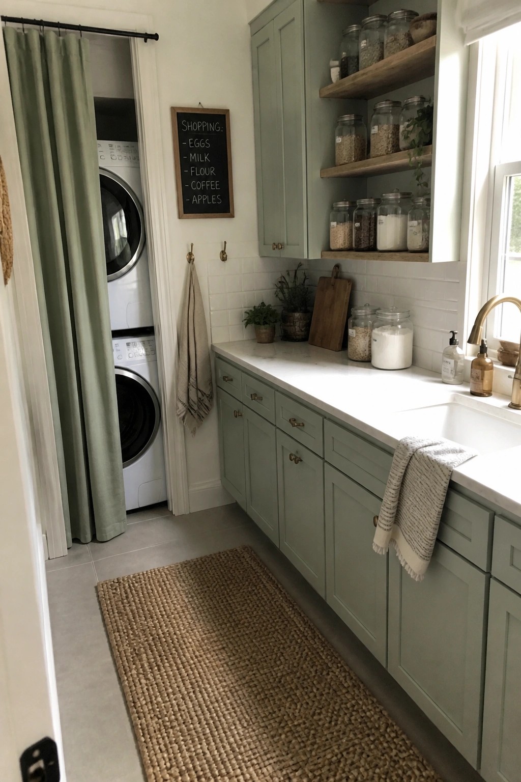 Sage green laundry room with stacked washer-dryer, white sink, glass jars, and jute rug.
