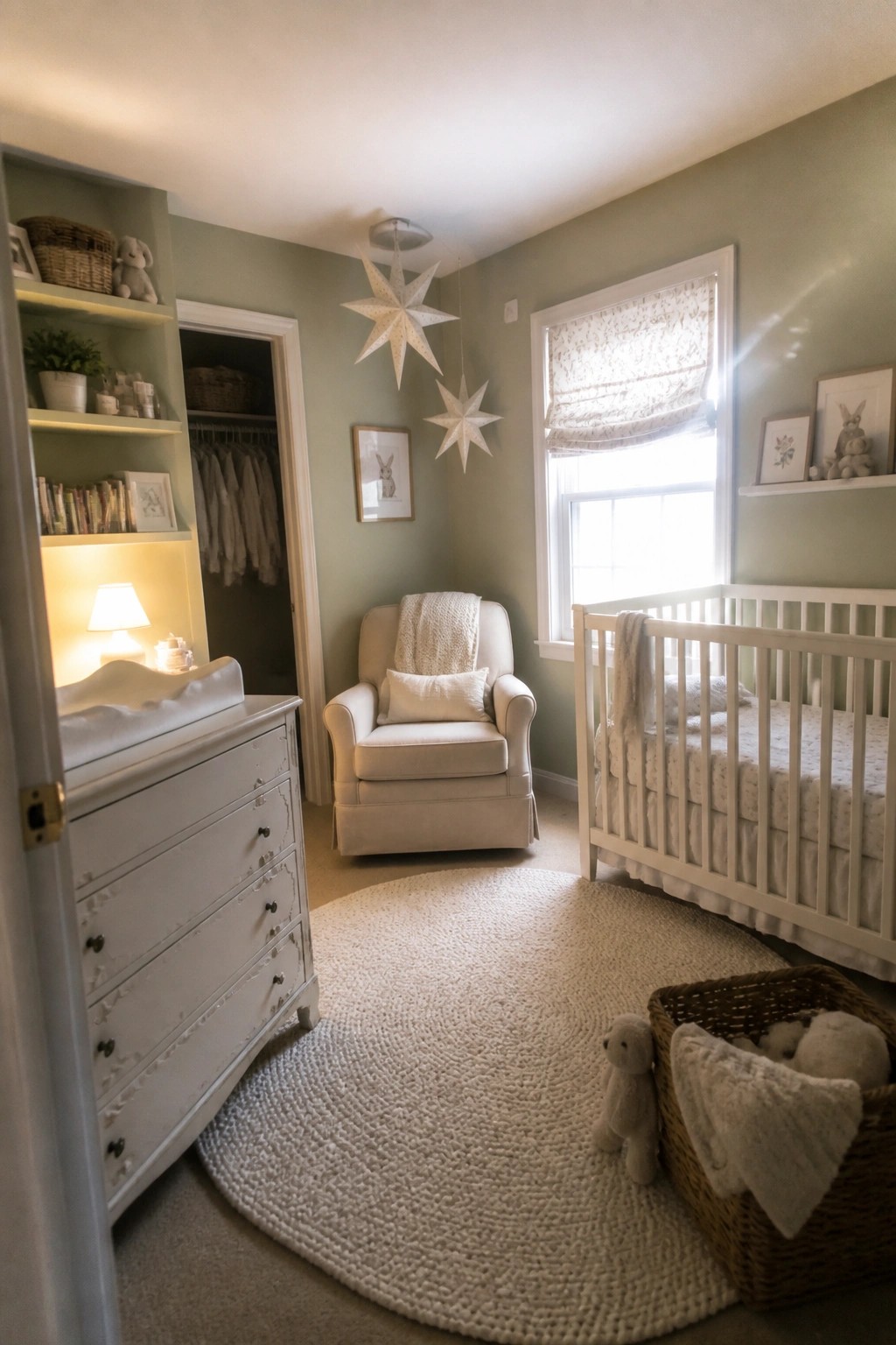 A nursery room with soft sage green walls, white crib, armchair, and changing table under natural window light.