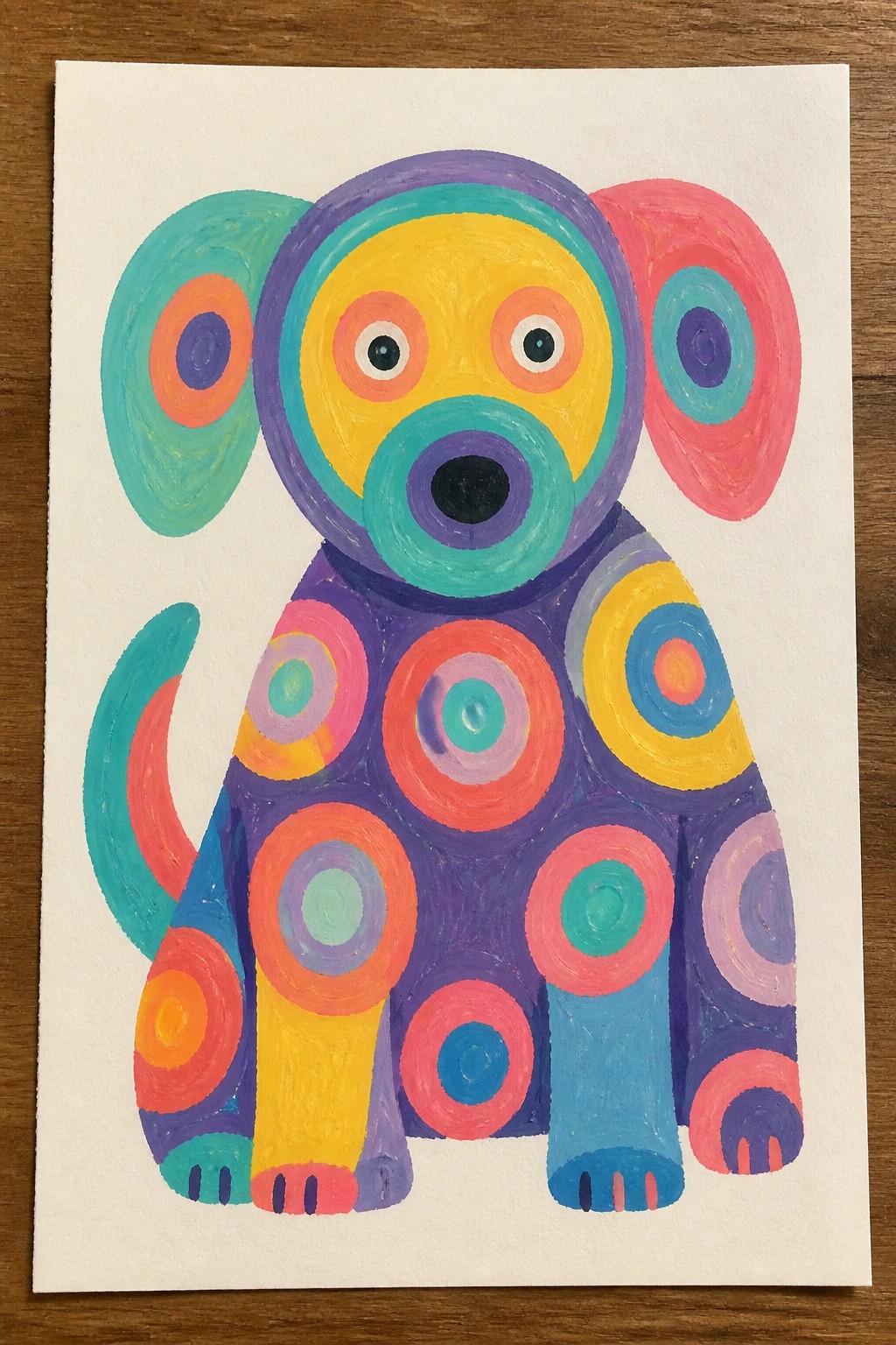 Colorful abstract dog painted with vibrant concentric circles on white paper.