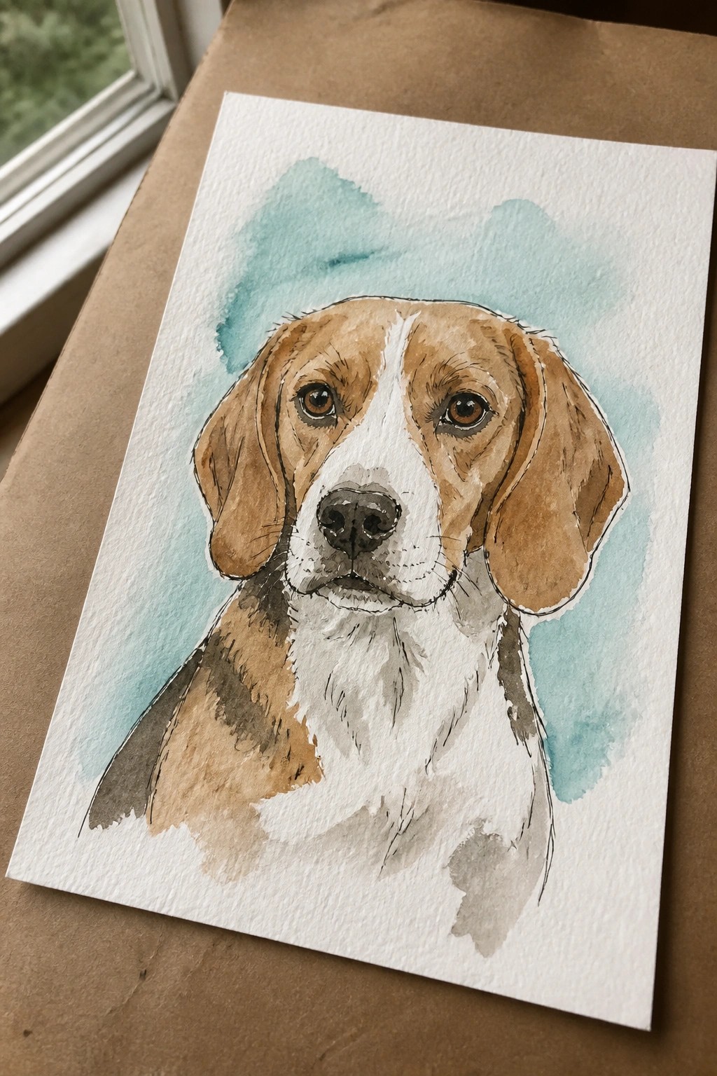Watercolor painting of a beagle on white paper with blue background wash