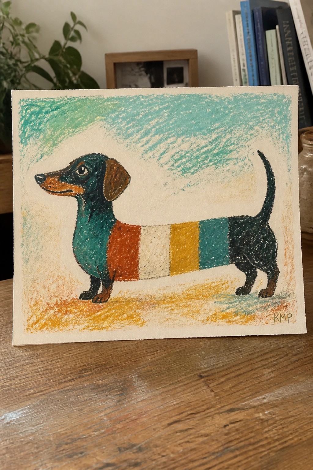Colorful pastel dachshund with orange, white, yellow, and teal body stripes on paper.