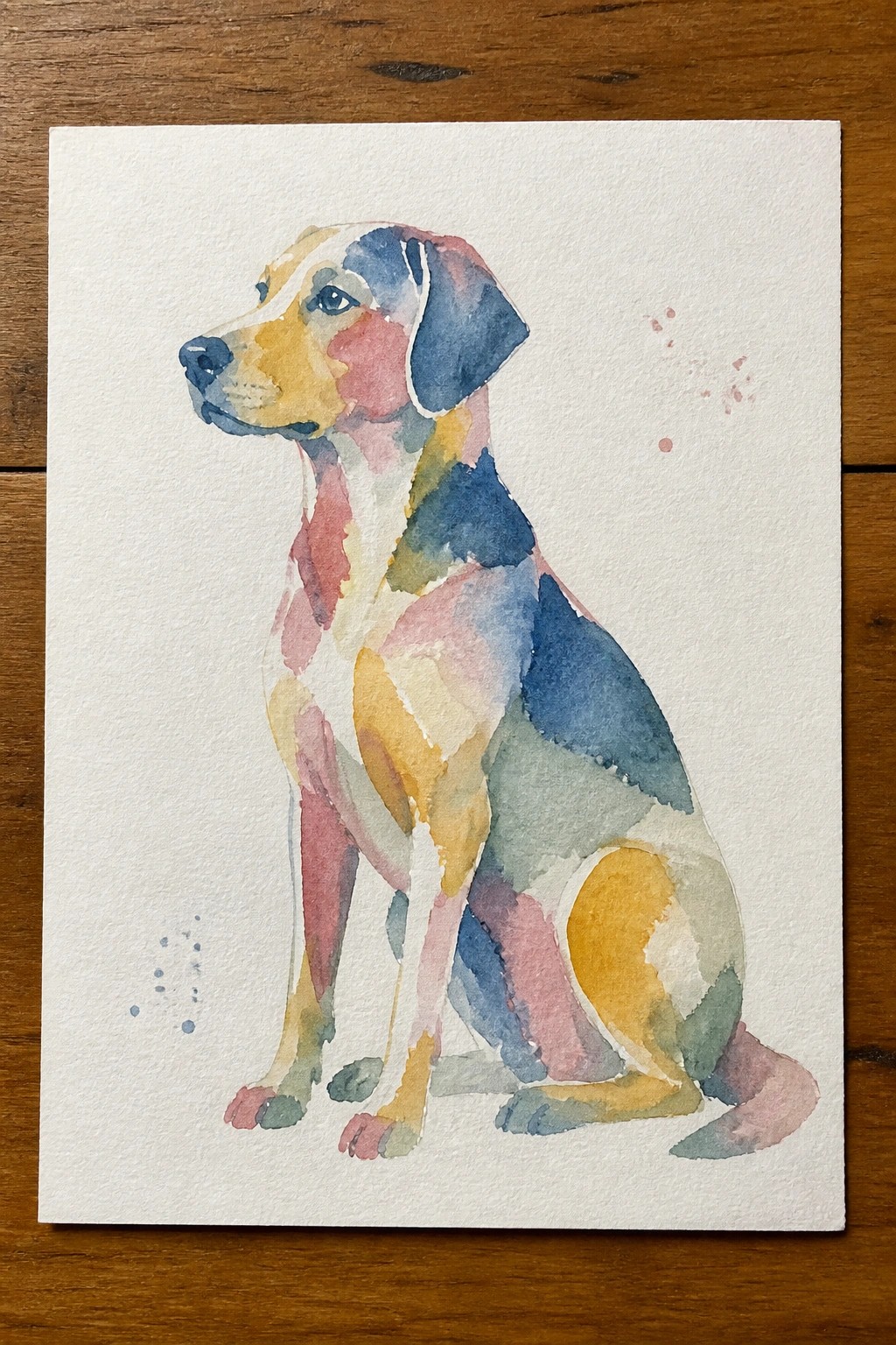 Colorful abstract watercolor of a dog sitting in profile on white paper over wood
