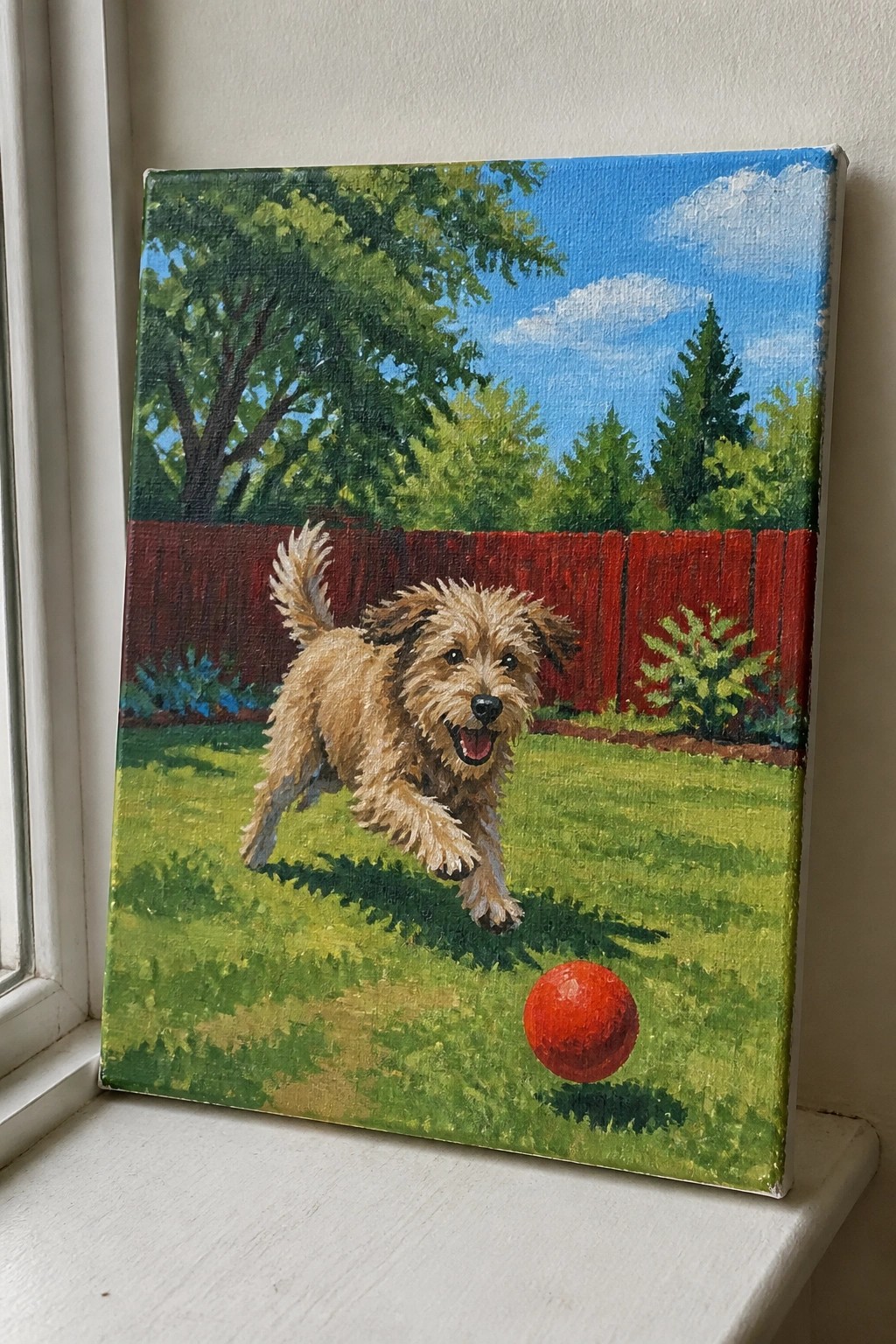 Oil painting of a shaggy tan dog running after a red ball on green grass