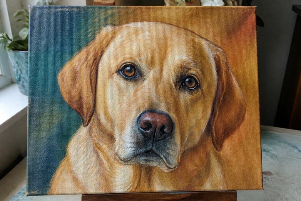 21 Colorful Dog Painting Ideas Ranging From Realistic to Abstract Golden Labrador retriever portrait on canvas atop wooden easel with teal background.