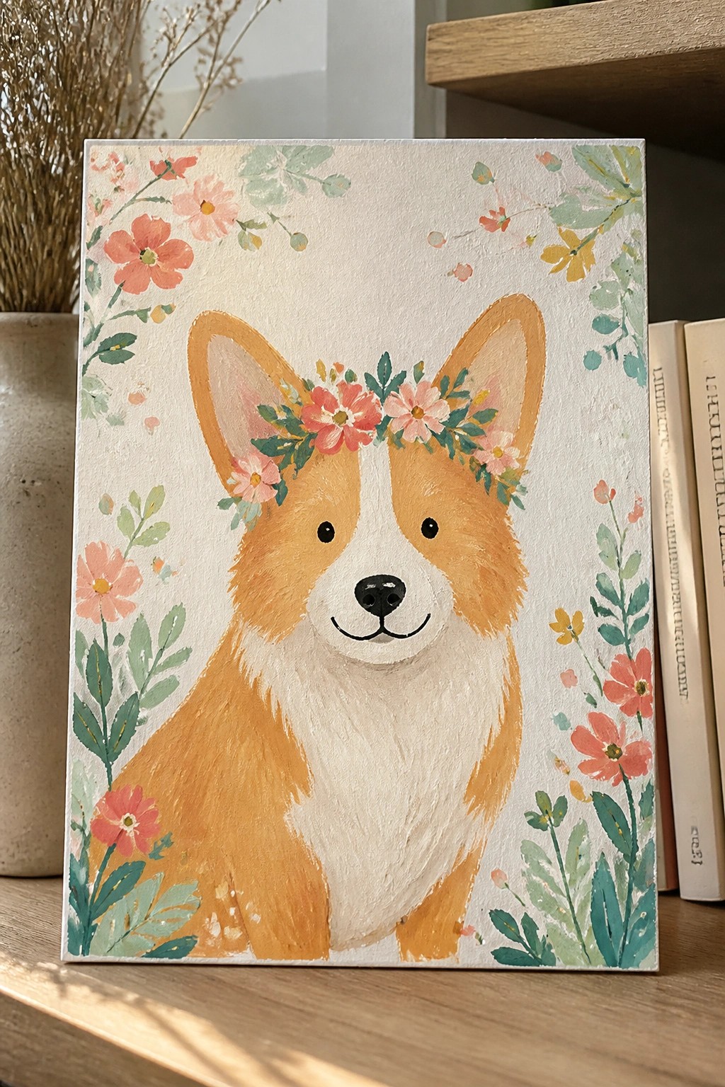 Acrylic painting of orange-white corgi with pink flower crown amid colorful blooms