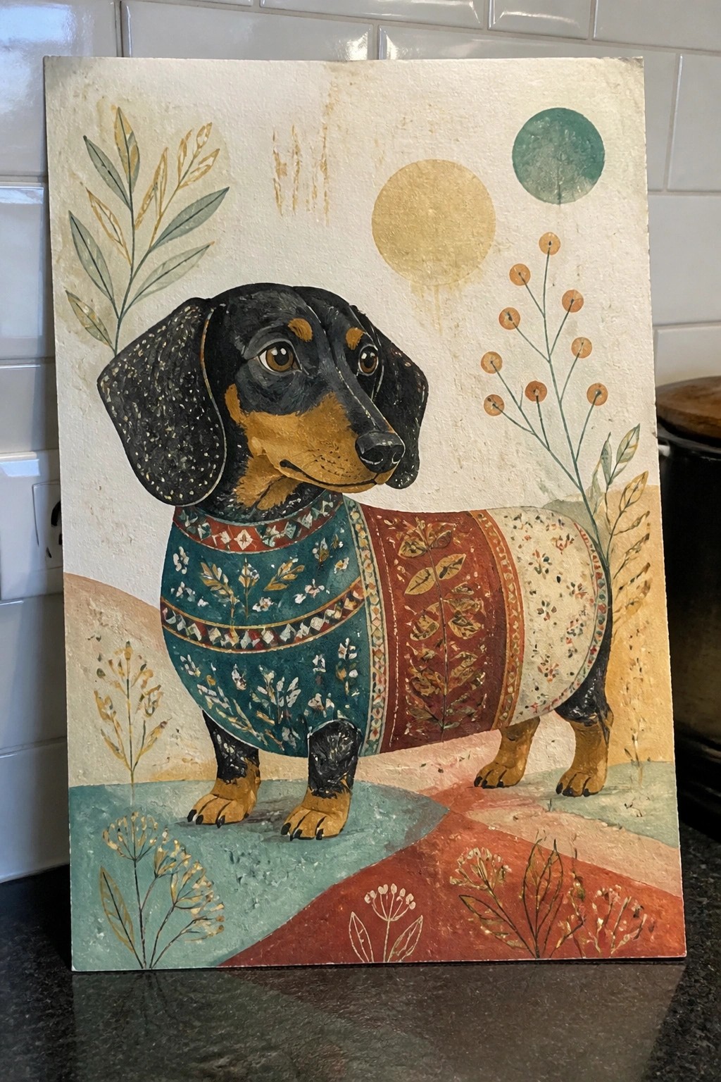 Dachshund in teal-red patterned sweater amid abstract plants, circles, and earthy tones