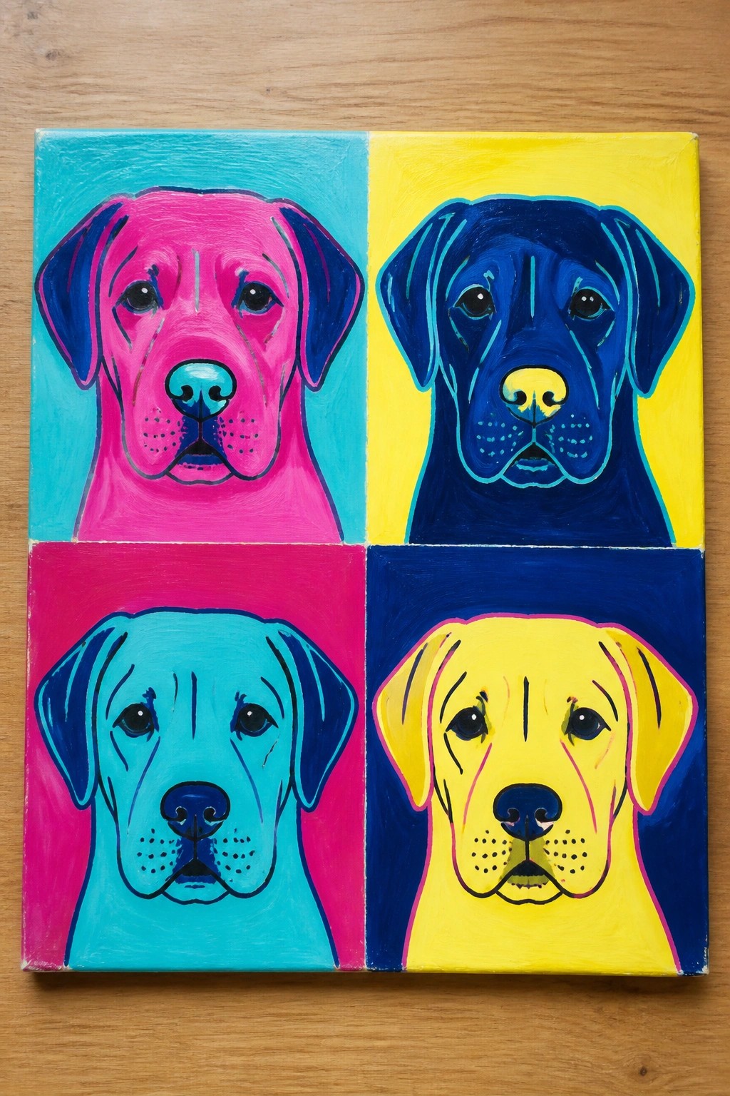Four colorful pop-art dog portraits in a bright grid painting.