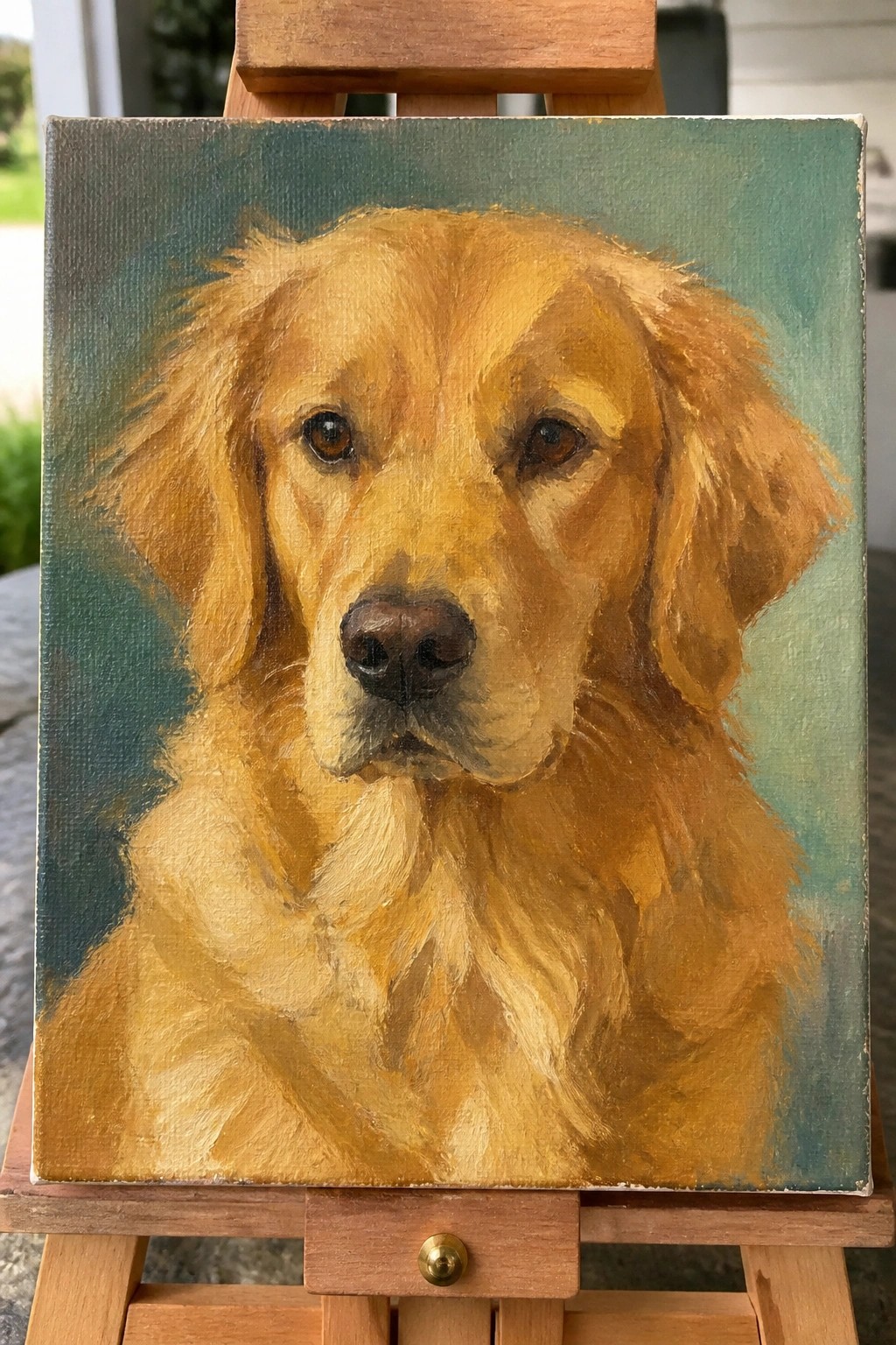 A realistic painting of a golden retriever's face on a canvas placed on a wooden easel.