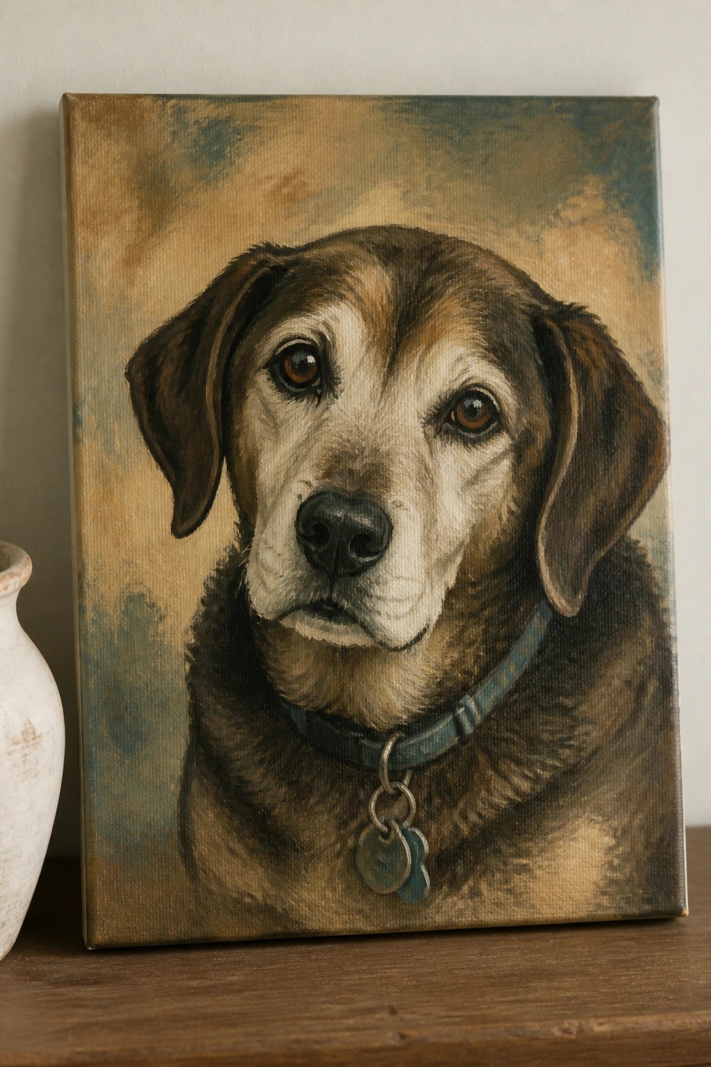 Realistic painting of brown dog with blue collar on canvas beside white vase