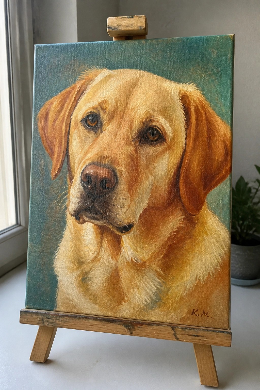 Golden Labrador retriever portrait on canvas atop wooden easel with teal background.