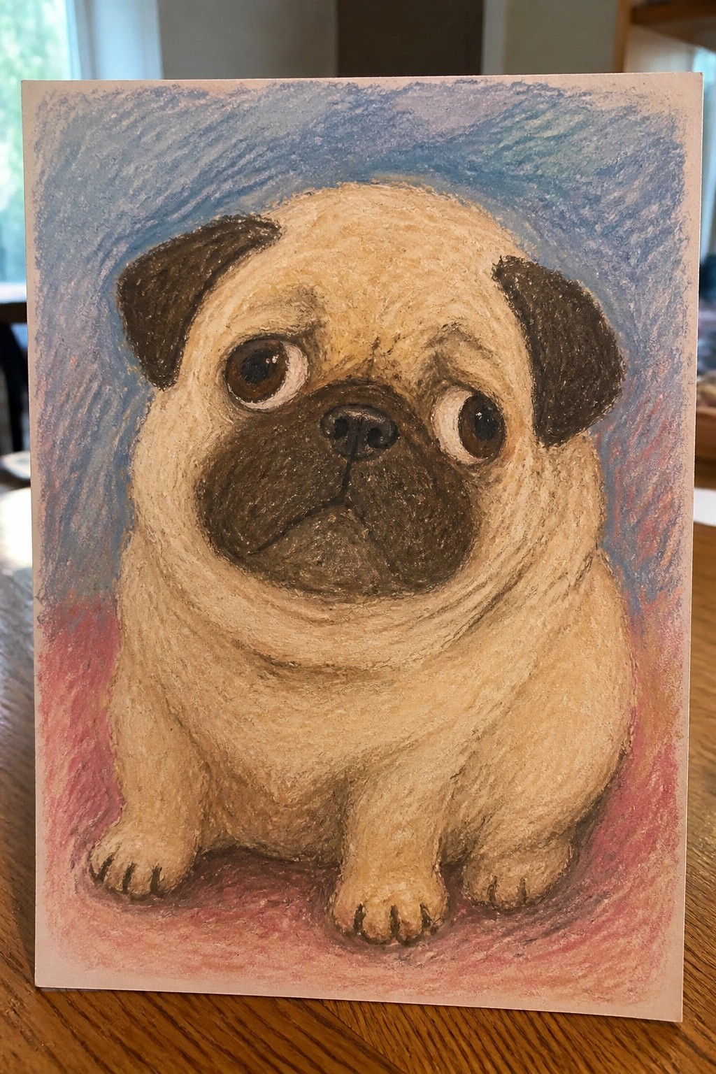 Pastel drawing of a fawn pug sitting against blue and pink swirls
