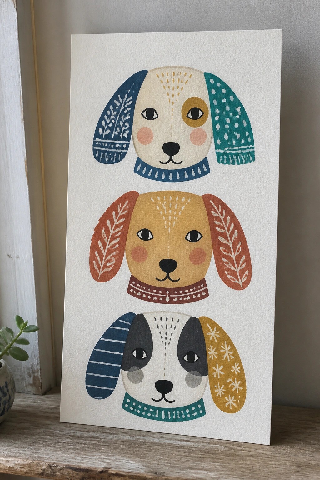 Three colorful folk-style dog illustrations with patterned ears on white paper.