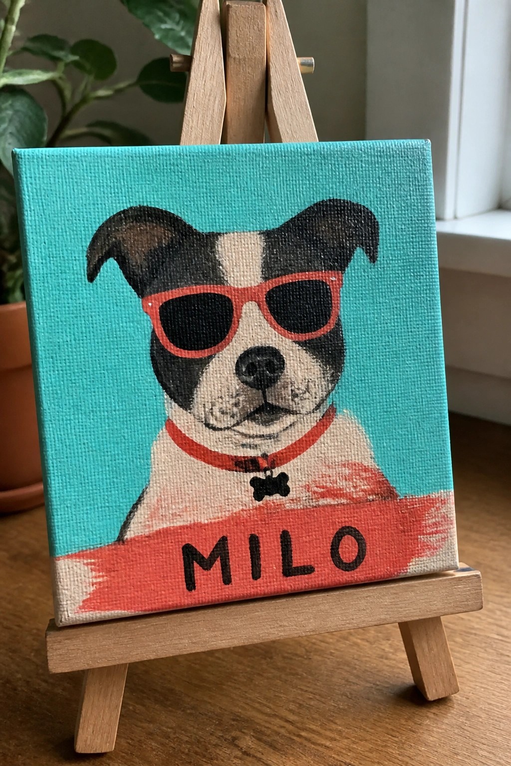 A small canvas on an easel shows a black and white dog wearing red sunglasses and a red collar with a bone tag, plus a red banner with the word MILO painted across the bottom on a turquoise background.