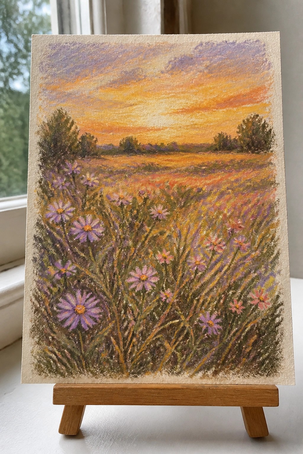 Pastel artwork of purple wildflowers in a vibrant sunset meadow on easel