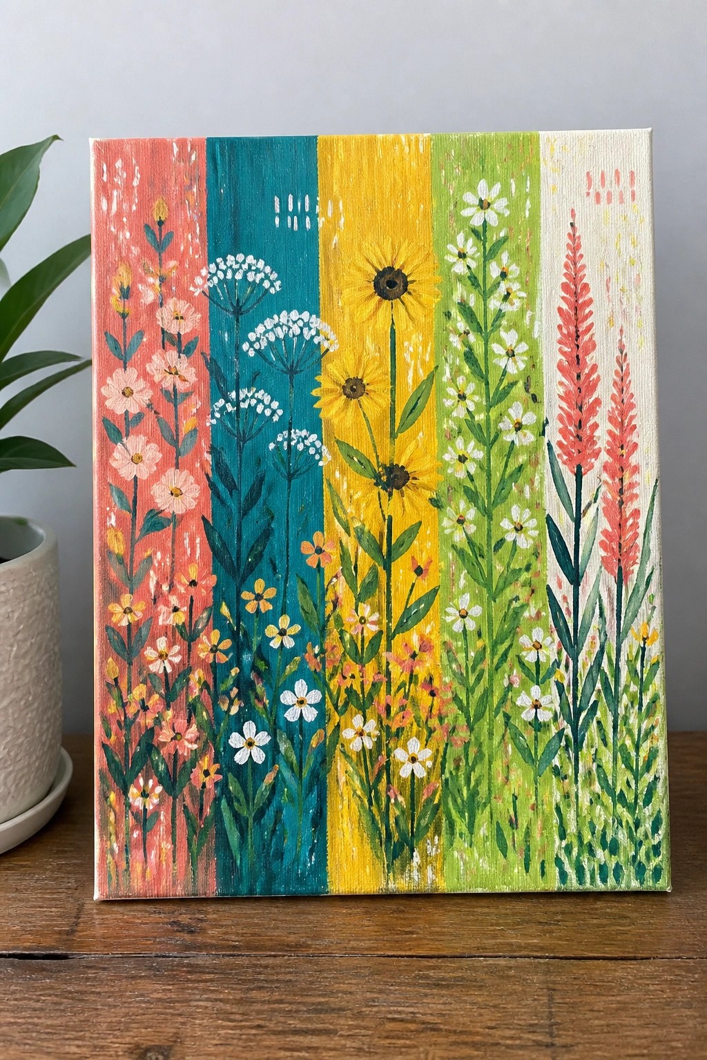 Vibrant wildflower painting in vertical pink, teal, yellow, green, and cream stripes.